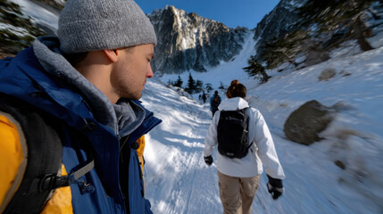 A scenic winter hiking experience in the mountains, showcasing hikers navigating a snowy trail with majestic peaks in the background, capturing the spirit of adventure.