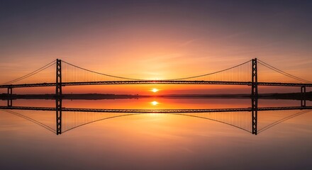 Striking bridge silhouette mirroring into serene water during dusk hour