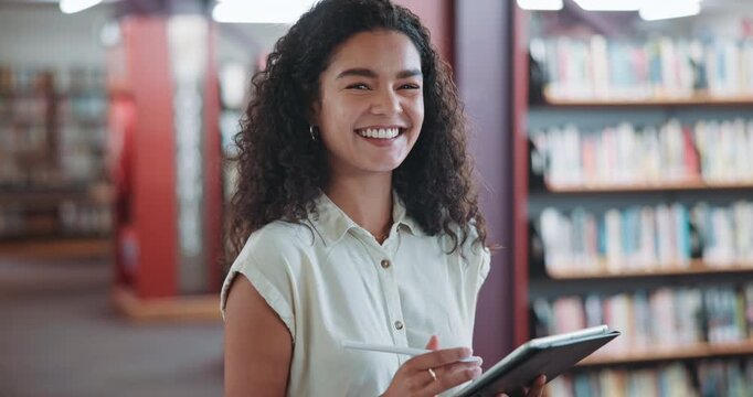 Woman, college student and face with tablet at library, smile or research project at academy. Girl, portrait and happy for tech, app and search for books, study or scholarship at university in Brazil