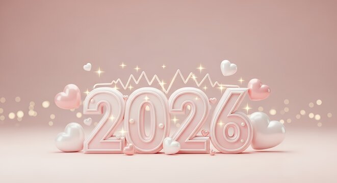 A festive 3D render displays the year 2026 in soft pink and white pastel numerals adorned with hearts and sparkling lights on a minimalist background new year celebration