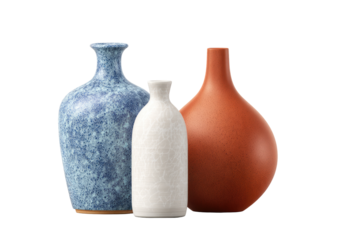 Three ceramic vases in varying sizes and colors