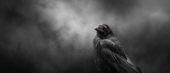 photorealistic raven with red eyes isolated against the background of a dark, smoky interior; quirky halloween design with copy space