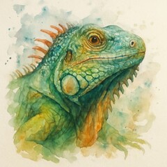 Fototapeta premium Watercolor depiction of a vibrant green iguana, showcasing unique scale patterns
