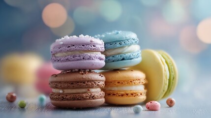Indulge in vibrant, pastel macarons, a delightful sweet treat perfect for celebrations and gourmet culinary experiences.
