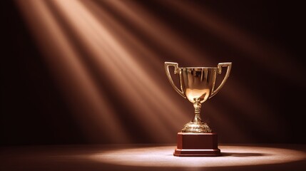 elite. A shining gold trophy on a velvet podium with dramatic spotlight. event key visuals, club posters, designed for fitness apps and gym onboarding, drives event promotion.