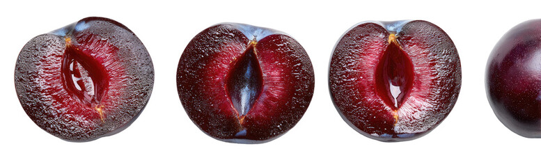 Close-up slices of plums, showing red flesh and pit