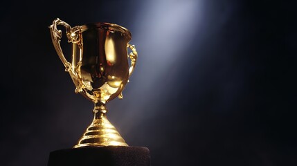 elite. A shining gold trophy on a velvet podium with dramatic spotlight. event key visuals, club posters, designed for fitness apps and gym onboarding, drives event promotion.