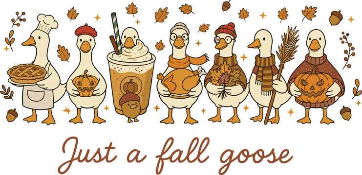 Just a cozy goose autumn illustration set | cute fall goose clipart cozy outfit coffee pumpkin pie warm drink leaves