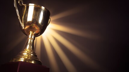 elite. A shining gold trophy on a velvet podium with dramatic spotlight. event key visuals, club posters, designed for fitness apps and gym onboarding, drives event promotion.