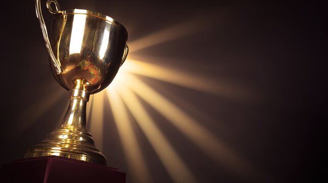 elite. A shining gold trophy on a velvet podium with dramatic spotlight. event key visuals, club posters, designed for fitness apps and gym onboarding, drives event promotion.