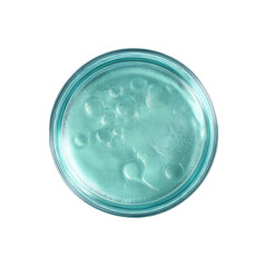 Teal circular dish, liquid with bubbles