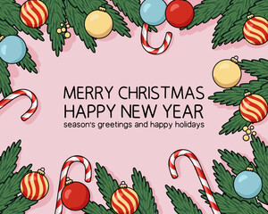 Merry Christmas and Happy New Year Banner with Decorative Branches, Candy Cane and Ornament Balls on Pink Background