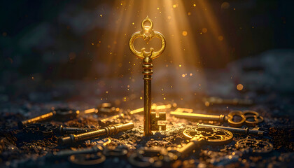 Shining key standing out from others on dark background.