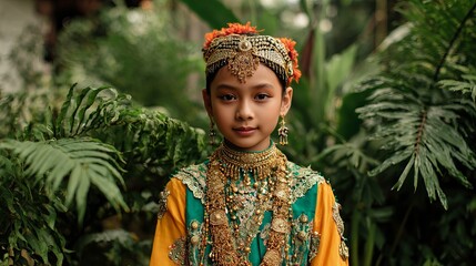 Elegant young girl adorned in vibrant traditional attire and exquisite gold jewelry, exuding cultural richness amidst lush greenery
