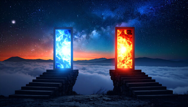 Surreal staircase leading from fiery red door to glowing blue door in the sky, symbolizing heaven and hell or life choices.