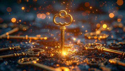 Bright golden key illuminated with sparkles surrounded by antique keys.