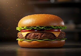 Classic Cheeseburger with Golden Sesame Seed Bun, Juicy Beef Patty, Melted Cheese, Crisp Lettuce, and Ripe Tomato