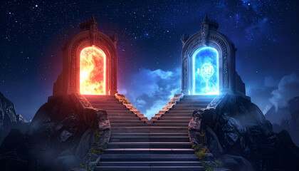 Fantasy concept of two portals, one burning red and one glowing blue, connected by mystical stairs under starry night sky.