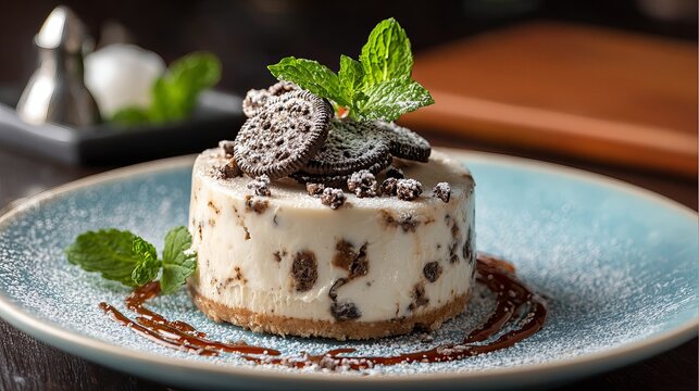 Indulge in decadent cookies and cream cheesecake with fresh mint garnish, a perfect dessert for any celebration.