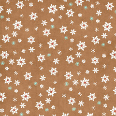 Seamless repeating snowflake pattern on brown background. Festive winter and Christmas texture ideal for wrapping paper, textiles, gift tags, holiday backgrounds, greeting cards, and seasonal designs.