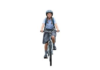Smiling School Girl in Uniform and Helmet Riding Bicycle, Isolated on White Background.