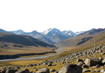 Mountain Valley Landscape with River, Golden Grass, and Snow-Capped Peaks, Isolated Upper Sky.