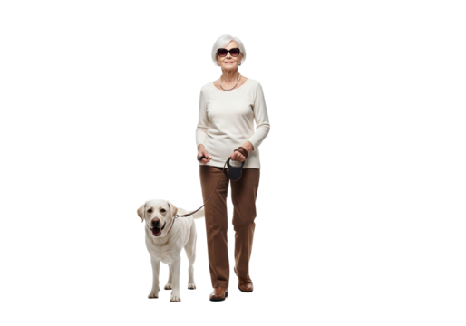 Smiling Senior Woman Walking with Labrador Guide Dog, Isolated on White Background. - Powered by Adobe