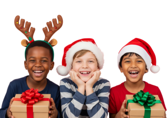 Three Diverse Young Boys Celebrating Christmas with Santa Hats and Gifts, Isolated on White.