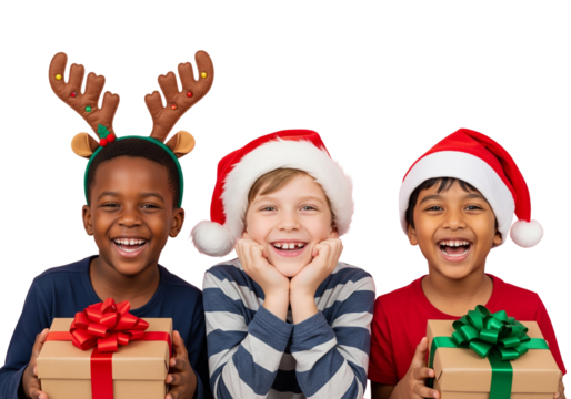 Three Diverse Young Boys Celebrating Christmas with Santa Hats and Gifts, Isolated on White.