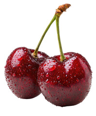 Two ripe, glossy cherries with water droplets