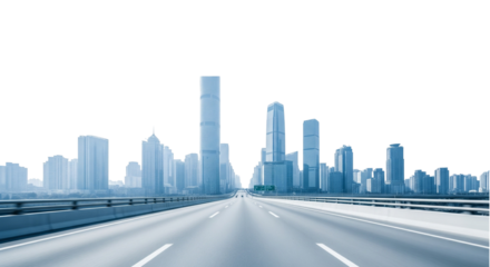 Modern City Skyline with Skyscrapers View from a Highway or Bridge Isolated on White Background