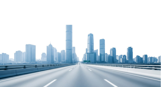 Modern City Skyline with Skyscrapers View from a Highway or Bridge Isolated on White Background