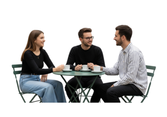 Three Friends Chatting at an Outdoor Cafe Table