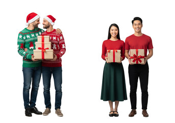 Diverse Couples Celebrating Christmas, Holding Presents and Wearing Holiday Sweaters and Santa Hats
