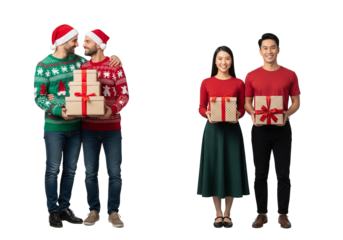Diverse Couples Celebrating Christmas, Holding Presents and Wearing Holiday Sweaters and Santa Hats