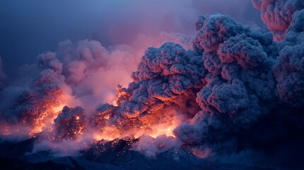Dramatic volcanic eruption spews fiery lava and dense ash clouds under a twilight sky, a powerful display of nature's raw force.
