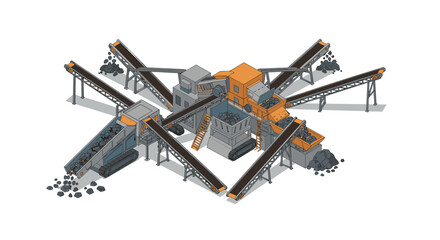 Industrial aggregate processing plant with conveyor belts in isometric design