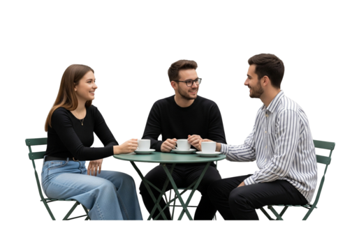Three Friends Chatting at an Outdoor Cafe Table