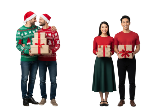 Diverse Couples Celebrating Christmas, Holding Presents and Wearing Holiday Sweaters and Santa Hats