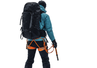 climber with Backpack and Ice Axe in Snow Storm