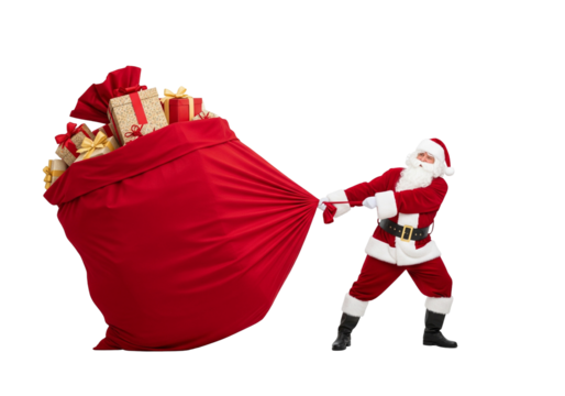 santa claus with gifts, Santa Claus pulling a huge sack full of Christmas presents against white background