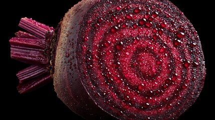 Vibrant, fresh beetroot glistening with water droplets, showcasing its rich texture and deep crimson interior, perfect for health and culinary content.