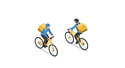 Fototapeta premium Isometric bicycle couriers delivering packages in urban setting
