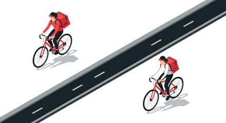 Fototapeta premium Delivery cyclists on urban road in isometric style