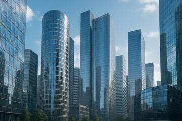Fototapeta premium Modern city skyline with glass skyscrapers under blue sky