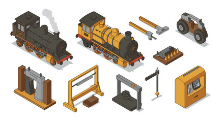 Vintage steam trains and tools in isometric style for historical enthusiasts