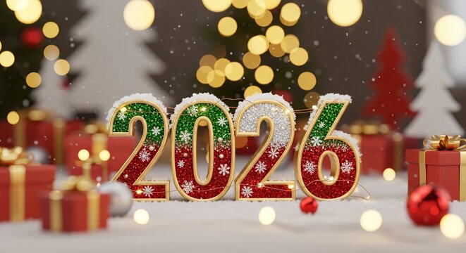 Festive 2026 numbers glitter with red and green adorned with snowflakes surrounded by wrapped gifts fir trees and bokeh lights in a winter holiday scene New Year Christmas