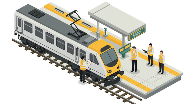 Modern isometric train station with commuters and staff in high visibility vests