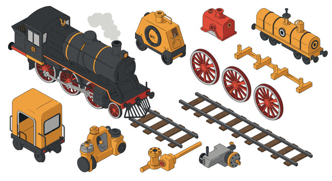 Vintage steam train construction set in isometric style with various parts and accessories for customization