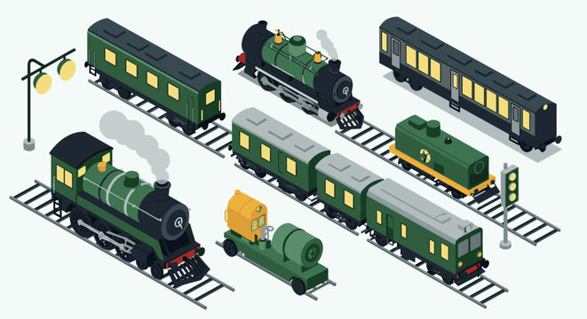 Isometric vintage steam trains and carriages on tracks